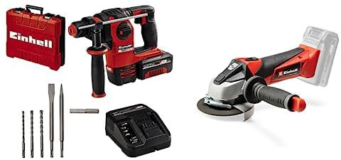Einhell Kit Martillo perforador con batería HEROCCO+5 Power X-Change (iones de litio, 18V, 2.2J, 18 Nm,SDS-Plus, incl. batería 3,0Ah, cargador, 3 brocas, cincel plano, cincel punta y E-Box) +Amoladora