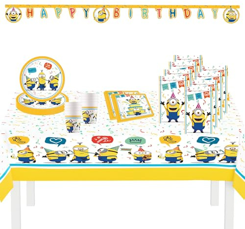 Procos 10215308DY - Set Party Minions The Rise of Gru, Set di stoviglie monouso da 46 Pezzi per Feste di Compleanno e Feste a Tema per Bambini, Decorazione della tavola