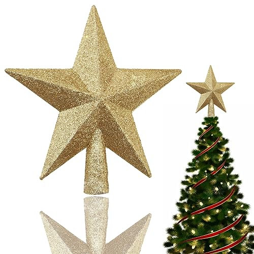 Puntale Albero di Natale, Stella per Albero di Natale, Stella Albero di Natales Stereo 20cm, Christmas Tree Topper Dorata Plastica per Casa Festa al Coperto Decorazioni
