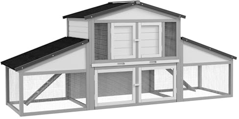 PawHut Large Rabbit Hutch with Run, Outdoor Bunny Cage with Tray, Ramp, Wooden Guinea Pig House, Light Grey