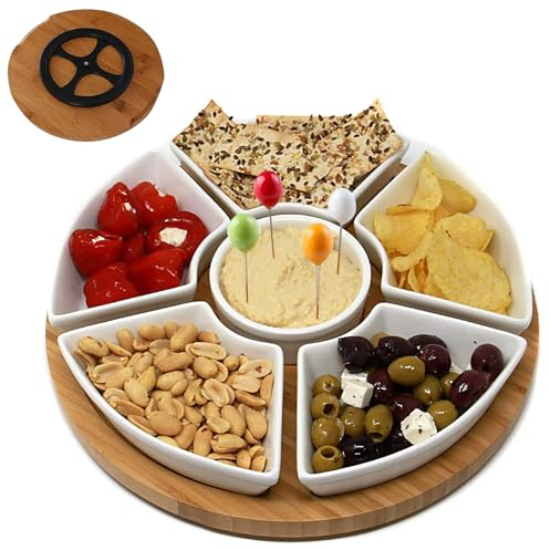 PLATEYTR Drehbares Tablett mit Gummibaum-Drehteller, 6-teiliges Tellerset + drehbares Bambustablett + Bambusdeckel + Obstgabel, 6 weiße Porzellanschalen und EIN Bambustablett (29 x 29 x 5 cm)