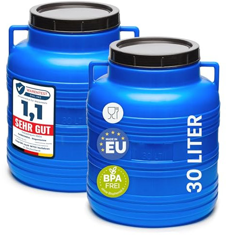 Garronda Lot de 2 réservoir d'eau de 30 L, Baril Alimentaire, fût à Large Ouverture en HDPE et sans BPA, tonneau de Jardin, bac à Aliments pour Animaux, conteneur d'eau, tonneau Universel GD-0078