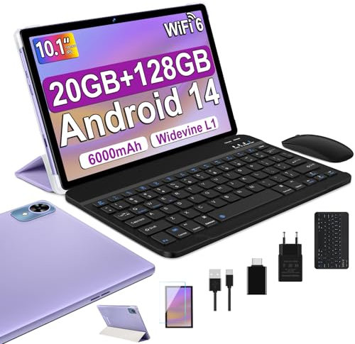 fezawio Tablet 10 Pulgadas Android 14, 20GB RAM + 128GB ROM (TF 1TB), Octa-Core, Tablet con Teclado y Raton - (Morado)