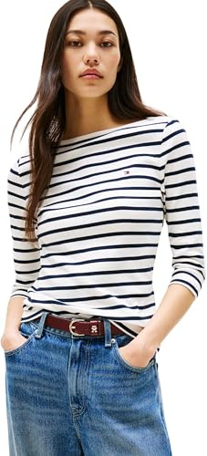 Tommy Hilfiger Camiseta de Manga Larga Mujer New Cody Slim Cuello Barco, Multicolor (Breton/ECU/Dark Night Navy), M