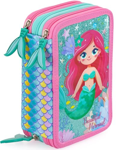 Plumier Triple 45 Piezas – Estuche Escolar Completo con Bolígrafos Gel Borrables, Lápices 4.0 mm, Rotuladores, Tijeras, Pegamento – Ideal Primaria y Regalo niña – Sirena Brillante – Julian Ross
