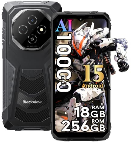 Blackview Fort 1 (18+256) Outdoor Handy ohne Vertrag 2025, Android 15 Outdoor Smartphone 10000mAh, 16MP Kamera, 6.56 HD+ Baustellenhandy IP68 Wasserdicht,4G,5G WiFi,NFC,OTG,GPS,Gemini AI 2.0,Schwarz