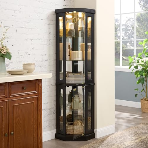 AOPNOMU Lighted Corner Curio Cabinet, 69.84'' Tall Glass Display Cabinet with Adjustable Shelves and Bulb, 3-Side Display Curio Case for Liquor, Arts and Crafts, or Medal Storage, Black