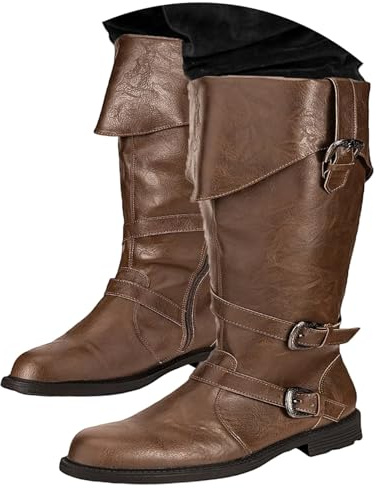 2025 Stivali medievali da uomo, stivali cosplay lunghi al polpaccio, tacco basso, stivaletti per feste in costume di Halloween apparizioni Camp scarpe da uomo rosso, caffè, 43 EU