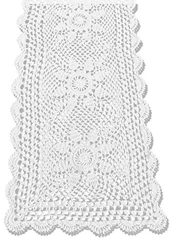 KEPSWET Sunflower Cotton Handmade Crochet Lace Rectangle Table Runner Coffee Table Decor (14x36 inch, White)