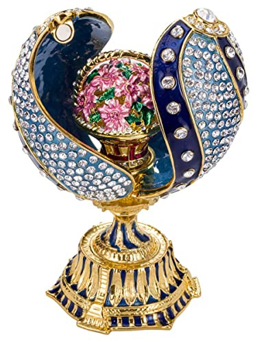 danila-souvenirs Fabergé-Stil verdrehtes Ei mit Korb der Blumen 12 cm blau