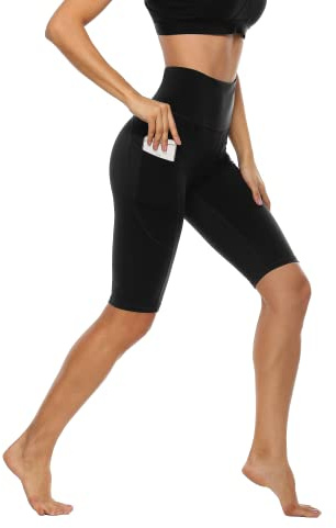Anwell Sportleggings für Mädchen Blickdicht Sporthose kurz High Waist with Pockets Tights Yogahose Damen Schwarz S