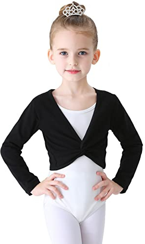 Soudittur Dance Wrap Top for Girls Ballet Crop Tops Cotton Long Sleeve Cardigan for Kids Children (Black, 105-115 cm)