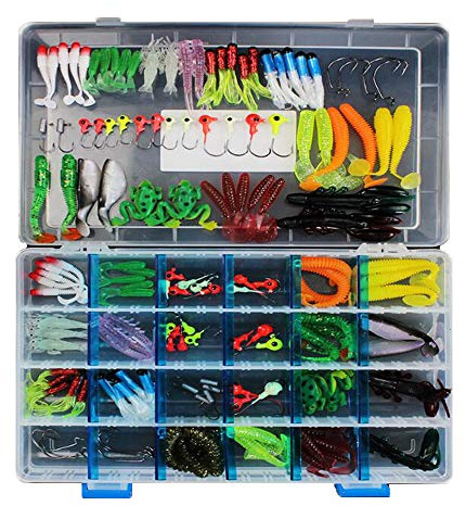 VOANZO Set di 146 Esche da Pesca per Bar, Inclusi Crankbaits, Vermi in Plastica Morbida, Esche Rotanti in Metallo, Esche a Forma di Rana