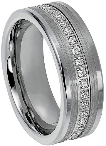 Jewelry Avalanche Men's Eternity Tungsten Band - Tungsten Carbide Wedding Band with Prong-set White CZ Accent - Comfort Fit Tungsten Anniversary Ring - #777s9.5
