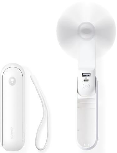 JISULIFE Portable 3 en 1 Ventilateur, Batterie Externe, Lampe Torche, Blanc | Mini Climatiseur de Poche Indispensable, Petit Format, Autonomie de 19 Heures, Arrêt Automatique de Sécurité, Lame Souple