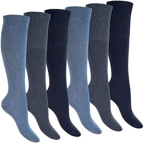 Footstar Medias de compresión para rodilla para mujer y hombre (6 pares) Medias sin costuras para diabéticos, azul, 35-38
