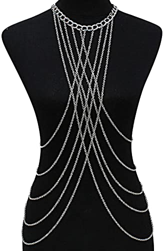 Körperkette Boho Taille Sexy Bikini Mehrschichtig Quaste Halskette Körperschmuck Bar Bauchkette Body Chain Strand Bauch Schmuck für Frauen Mädchen, Silber