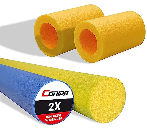 Conipa® - 2 Stück Schwimmnudel (160 x 7 cm) für Kinder & Erwachsene INKL. VERBINDER (Schaumstoff) - Poolnudel Set ab 3-10 Jahre (Made IN Europe) - Pool Wassernudel & Spielzeug (Blau + Gelb)