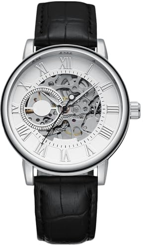 RORIOS Herrklockor mekaniskt skelett automatisk klocka lysande klocka med läderrem självuppdragande armbandsur, Silver/vit, 230mm, Automatisk klocka, mekanisk, självuppdragande