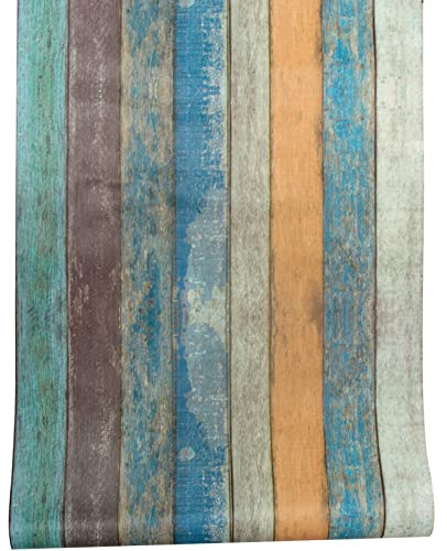 JOLIHOME Carta da Parati Effetto Legno Blu-Verde-Marrone Adesivo Murale Vintage Autoadesivo Carta a Contatto da Staccare e Attaccare Rotolo per Camera da Letto Decorazione Impermeabile 44,5x500cm