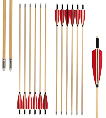 Tiro con l'arco Frecce in legno 32 Frecce in legno Fatte a Mano Frecce da Caccia Tradizionali Albero in legno con Piume di Tacchino Punte in Metallo per arco Ricurvo Longbow (6 pezzi)