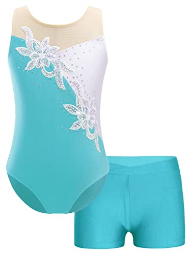 Freebily Kinder Mädchen Gymnastikanzug Ballettanzug Turntrikot Gymnastik Shorts Outfit Wettkampf Athletic Tanzanzug Training Sportanzug Lyrische Tanzkostüme A_Türkis 134-140/9-10 Jahre