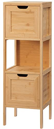kleankin Badezimmerschrank Badschrank Aufbewahrungsschrank mit Kippschutz aus Bambus, Unterschrank mit 2 Schubladen, Lanfhausstil Beistellschrank, Naturholz, 30 x 30 x 90 cm