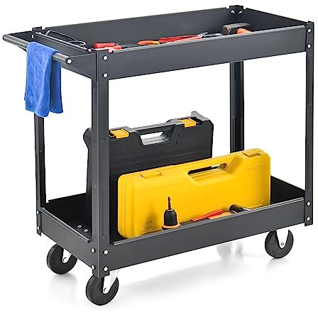TANGZON 2/3-Tier Rolling Tool Cart, Utility Service Cart with Towel Rack Handle & Wheels, Heavy-duty Steel Mobile Tool Storage Garage Trolley Shelves (2 Tier, 85x41x79cm, Black)