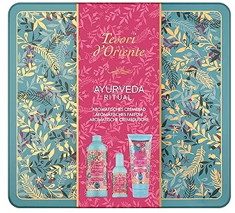 TESORI D'ORIENTE Geschenkset Ayurveda in Metallbox | Cremedusche 250 ml, EDT 100 ml & Cremebad 500 ml | mit Amla-Fruchtextrakt, Sesam-Öl, Aloe vera und Calendula | Wellness-Rituale für Körper & Sinne