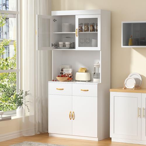 VOWNER Mueble Auxiliar de Cocina, Armario Aparador Cocina, Buffet/Almacenaje, Alacena de Aparador, Vitrinas para Salon, 80L x 40W x 180H cm, 2 Baldas Ajustables (Blanco)