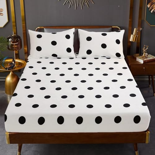 Winter Spannbettlaken 160x200cm Schwarz Plüsch Warm Samt Kuschelige Bettlaken Boxspringbett Frottee Punkte Kreise Spannbetttücher Set Leintuch 160 x 200 für Hohe Matratze Steghöhe 25-30cm