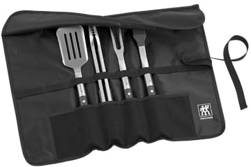 ZWILLING BBQ GrillOptimalck-Set, 5-TLG, Grillwerkzeug mit Rolltasche, Grillwender, zange, Gabel, Pinsel, extralange Griffe, Spümaschinengeeignet, Edelstahl