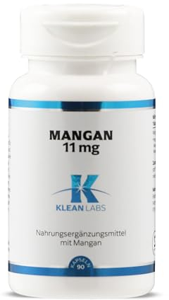 Klean Labs - Mangan 11mg - 90 Kapseln - vegan, ohne Gentechnik, ohne unerwünschte Zusätze - für einen normalen Energiestoffwechsel