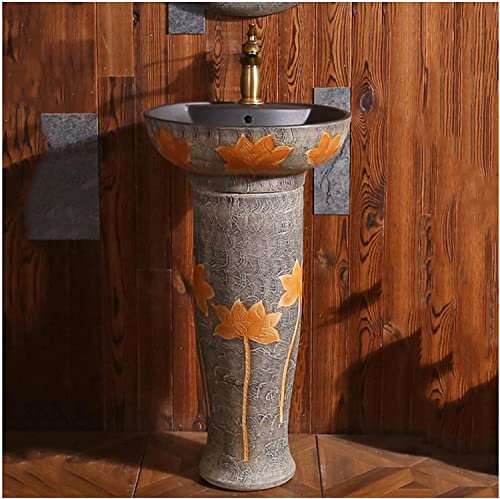 Vanity Unit with Basin,Bathroom Basin Sink with Full Pedestal, Pedestal Sink Handcrafted Ceramic wash Basin Pedestal washbasin, Kaolin Clay Pedestal Sink Round Freestanding Sink fo