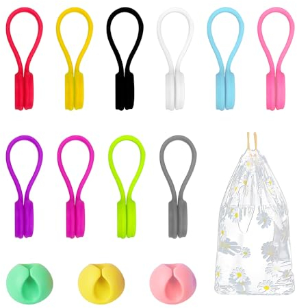 Lot de 10 enrouleurs de câbles magnétiques, 3 fixateurs de câbles, 1 sac de rangement, rangement de câbles de données, organisateur de câbles magnétique, serre-câbles en silicone, serre-câbles