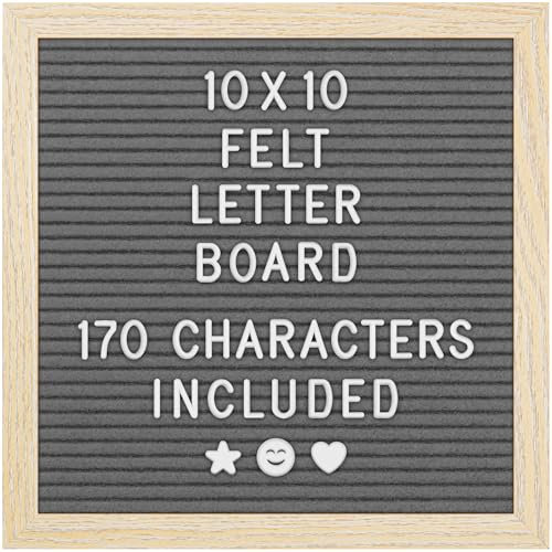 Felt Letter Board - 10x10”, Grey - 170 Letters, Numbers & Emojis for Celebrations & Announcements - Customisable Message Letterboard w/Wooden Frame for Home Decor & Office Use - by Yes4Quality