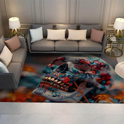 LANDERSION Rose Print Area Teppich Wohnzimmerteppiche Kreativer romantischer Schädelteppich für Schlafzimmer Großer Esszimmerteppich Rutschfester waschbarer Teppich 160x200cm