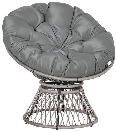 Outsunny Sillón Papasan Giratorio 360° de Ratán Sintético Silla Ovalada de Mimbre PE con Cojín y Marco de Acero Carga 160 kg para Jardín Patio Terraza 87x97x86 cm Gris