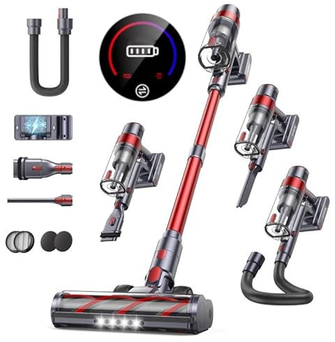 SunSare Akku Staubsauger Kabellos 600W/50000Pa/65Min, akkustaubsauger mit Wandmontierte Ladestation, Automatikmodus, Touchscreen, 1M Ausziehbarer Schlauch für Hartböden Teppiche Tierhaare