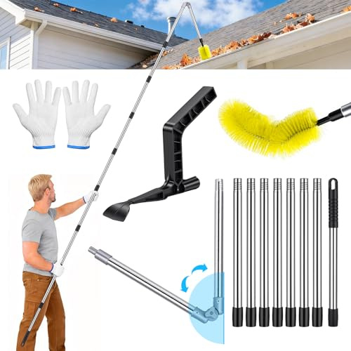 Hysagtek Limpiador de canalones – Limpiador de canalones de 4 m con mango telescópico, cepillo para canalones con cabezal giratorio de 180°, de canalones y jardines, no requiere escalera