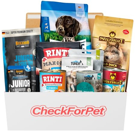 CheckForPet Hundefutter Probierpaket Junior – Probierbox für Welpen & Junghunde mit Top-Bewerteten Marken zum Testen - Futterprobe Nass- & Trockenfutter - Welpenfutter Geschenkidee