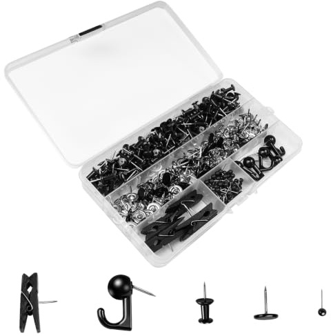310 stycken häftstift svart, stift med plastlåda, 5 olika typer av anslagstavlor, stift för anslagstavlor och korkorkorktor, för karta, foton, hantverk att fästa