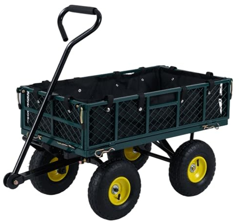 COSTWAY Carrito Jardín Metálico, Capacidad 408 kg, Carretilla de Obra Plegable 2 en 1, Laterales de Malla Extraíbles y Bolsa, Asa Ajustable y Giro de 270°, Carro Transporte Huerto