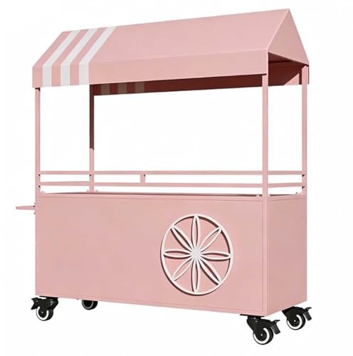 Bärbar Mobil Gatuförsäljare Matvagn, Järnmatvagnsdisplay med Tak och Hjul för Gata, Fester, Marknad(Pink,160cm/63in)