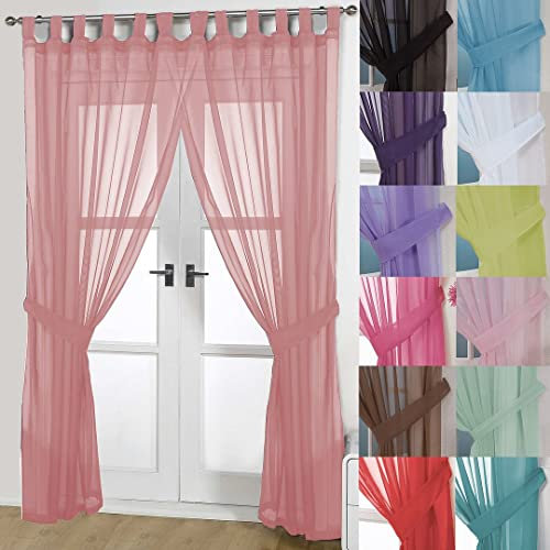 John Aird Pair Of Woven Voile Tab Top Curtain Panels. Tiebacks Included (Pink, 58 Wide x 81 Drop)