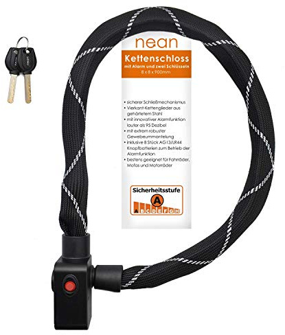 nean Lucchetto per bicicletta con allarme, lucchetto di allarme per bicicletta con catena quadrata temprata e 2 chiavi di sicurezza, lucchetto a catena con sistema di allarme, 8 x 8 x 900 m