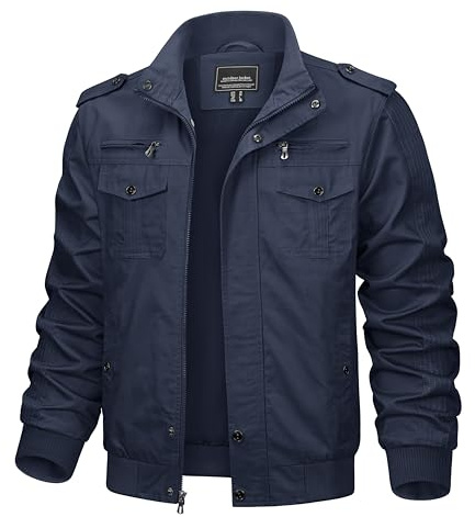 KEFITEVD - Giacca da uomo per le mezze stagioni, leggera, invernale,adatta per l'autunno, con colletto alto, in cotone, stile militare e cargo, giacca a vento, blu navy, XL