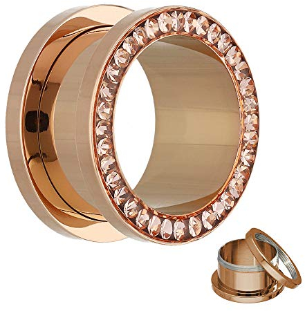 Treuheld® | 8mm Kristall Ohr Flesh Tunnel | Rosé Gold mit Pfirsichfarbenen Zirkonia Steinen | Chirurgenstahl | Gewinde Schraubverschluss | Damen