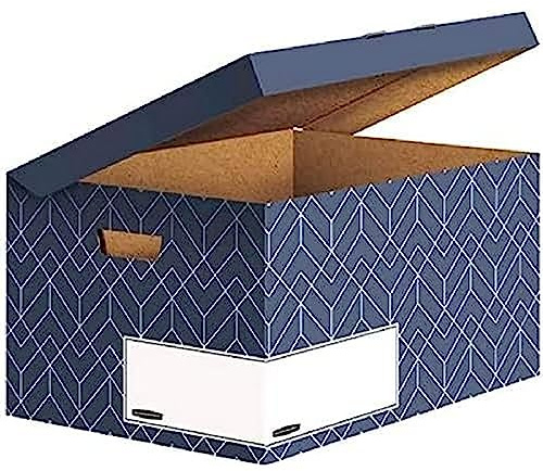 BANKERS BOX Klappdeckelbox, Décor Serie für Büro und Zuhause, sehr stabil, mit Grifflöchern, aus 100% recycelter Wellpappe, Farbe/Motiv: Schieferblau, 5 Stück