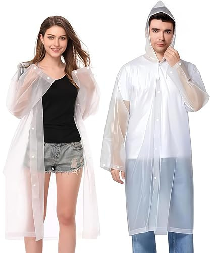 GUKOY 2 Pcs Reusable Rain Ponchos Waterproof for Adults, EVA Rain Coat Emergency with Hood and Drawstring for Women Men Disney Outdoor White